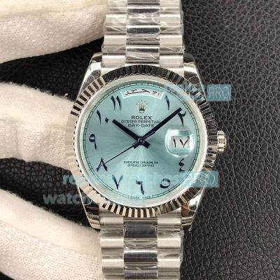 Swiss Replica Rolex Day-Date Ice Blue Dial Arabic Numerals Fluted Bezel Watch 40mm